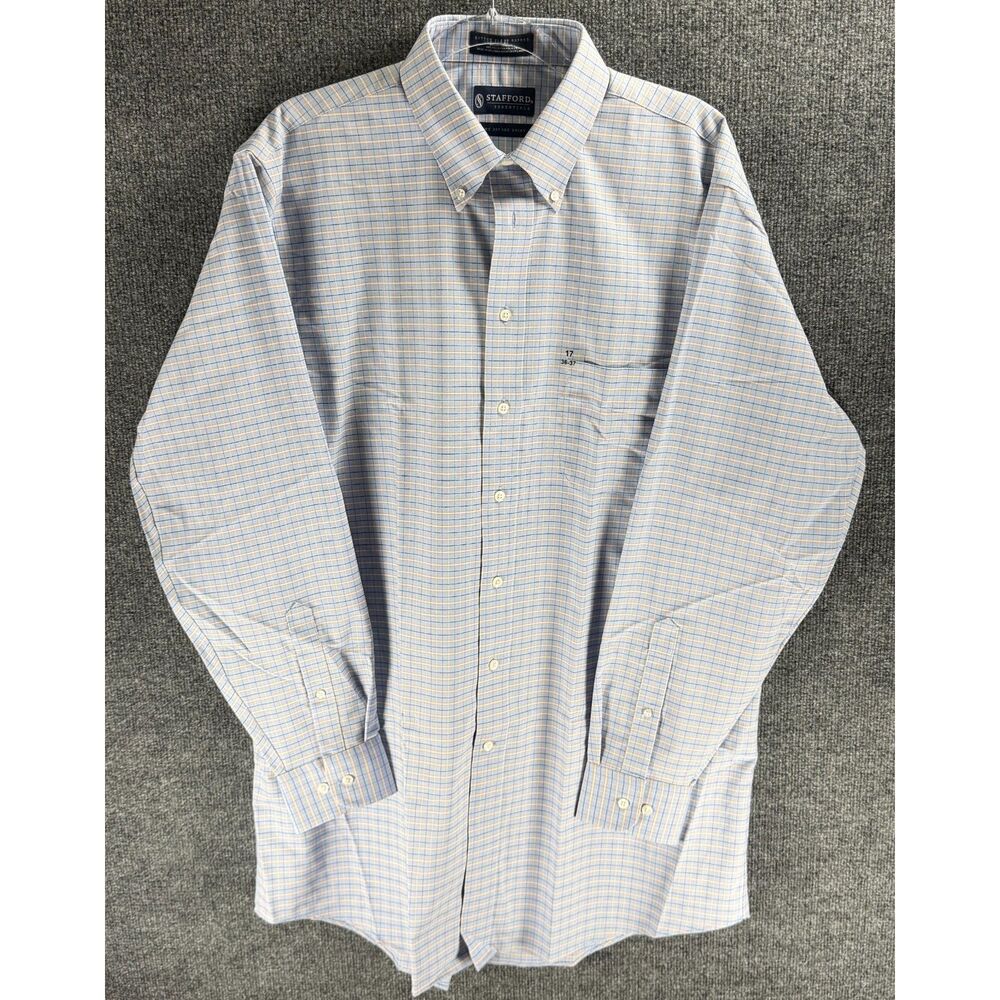 Stafford Oxford Dress Shirt Blue Plaid 17 36-37 X-Tall Cotton Blend